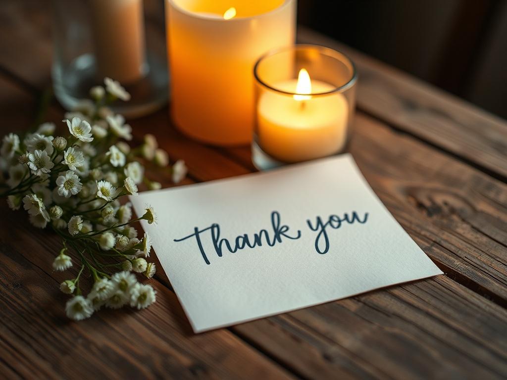 A close-up shot of a beautifully handwritten thank you note on a rustic wooden table. The note is surrounded by small white flowers and a warm candlelight glow, creating an inviting and peaceful atmosphere.