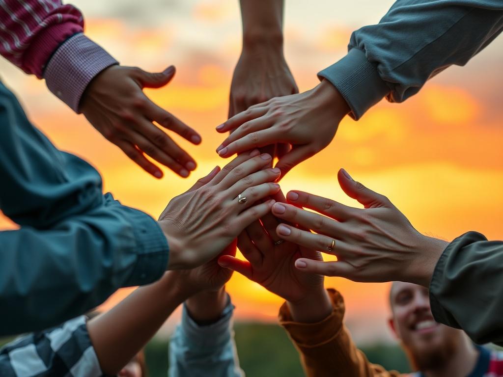 A close-up shot of diverse hands coming together in unity, forming a circle. The background features a vibrant sunset, symbolizing hope and collaboration within a community.