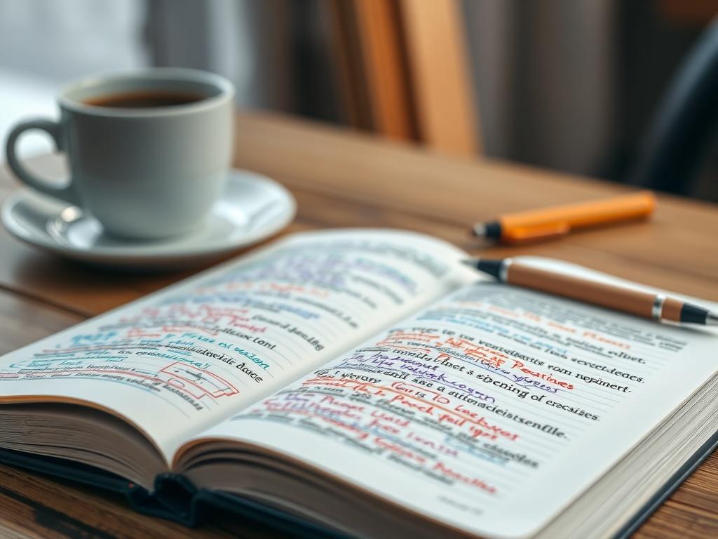 A close-up shot of an open workbook with colorful writing and notes on the pages, set on a wooden table. The background features a soft-focus coffee cup and a pen, suggesting a cozy study atmosphere. The focus should be on the workbook's content, highlighting the interactive nature of the exercises.