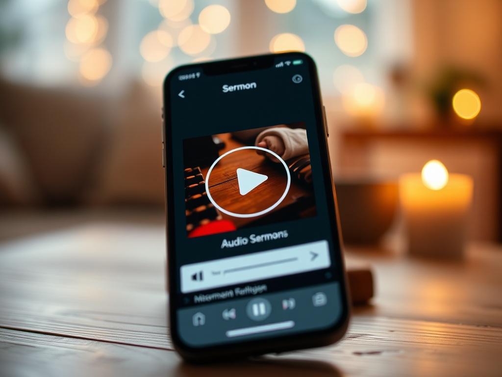 A close-up shot of a modern smartphone displaying a play button on a sermon app interface. The background is softly blurred, featuring a cozy environment with a warm light, suggesting a peaceful listening experience. The focus should be on the phone and the inviting ambiance, emphasizing the convenience of audio sermons.