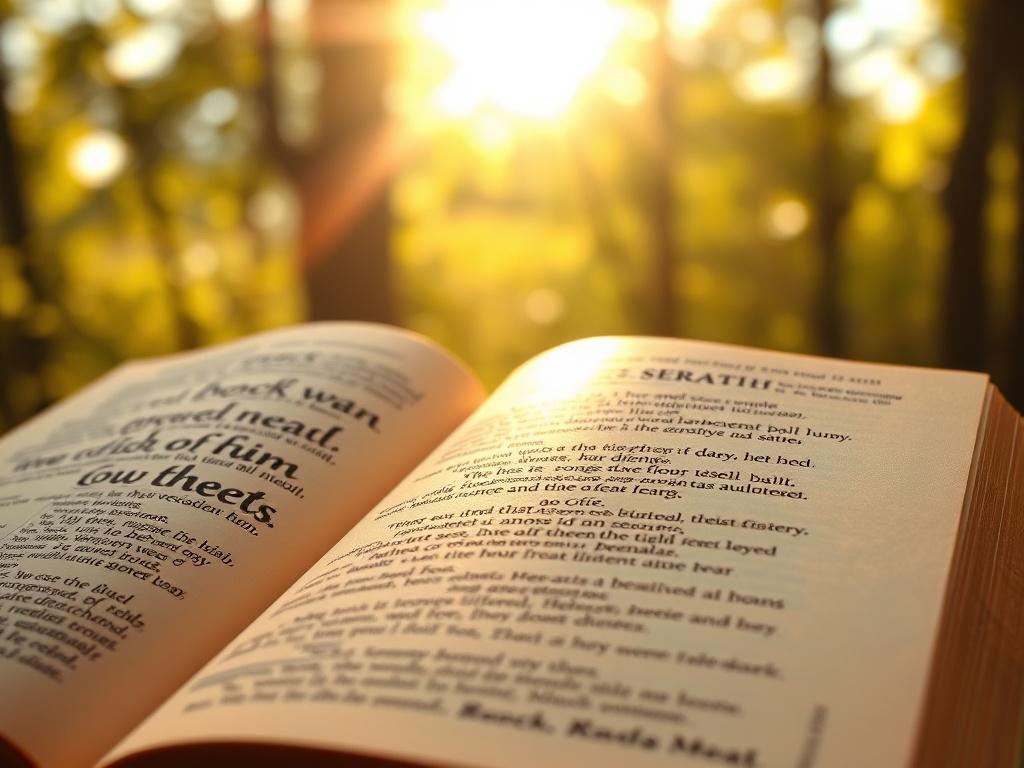 A close-up shot of an open book with a beautiful, serene background that includes soft sunlight filtering through trees. The book features pages filled with inspirational quotes and sermons, conveying a sense of peace and spirituality. The focus should be on the text and the warm colors of the pages, creating a calming atmosphere.