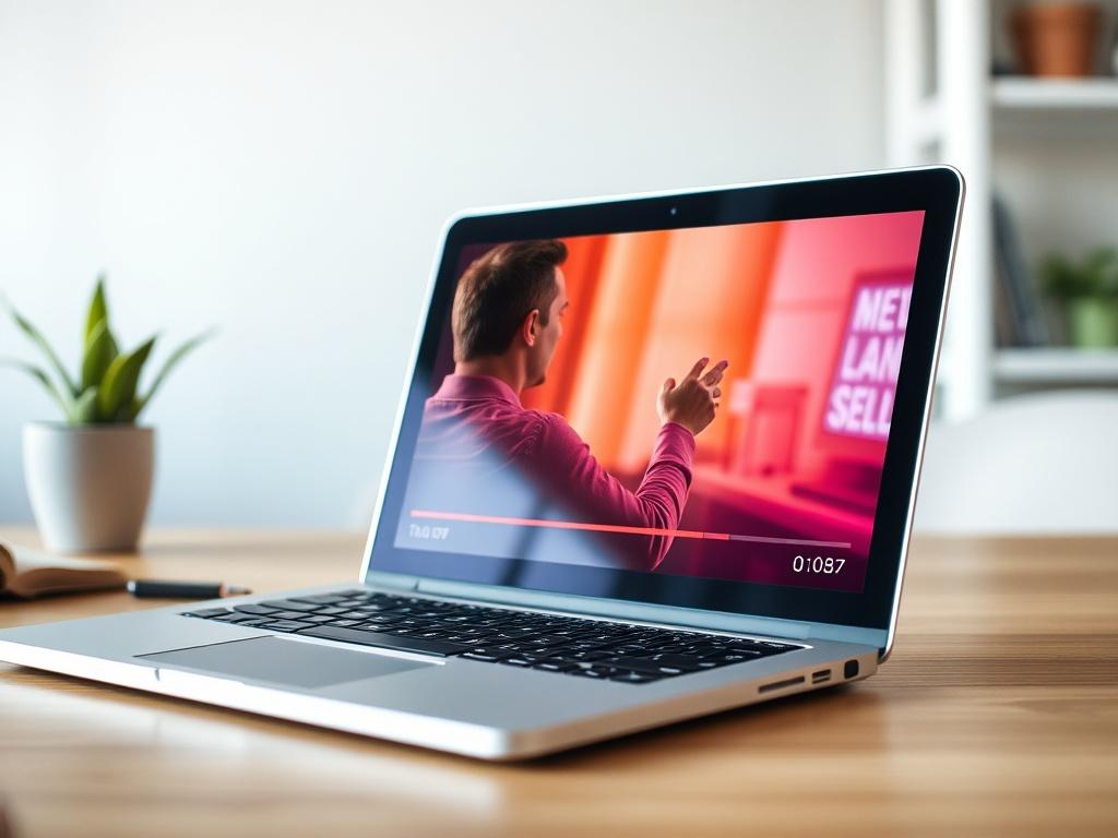 A hyper-realistic close-up shot of a laptop or tablet displaying a vibrant and engaging video still, showcasing a captivating teaching moment. The background should be simple and inviting, emphasizing the technology used for spiritual growth through visual media.
