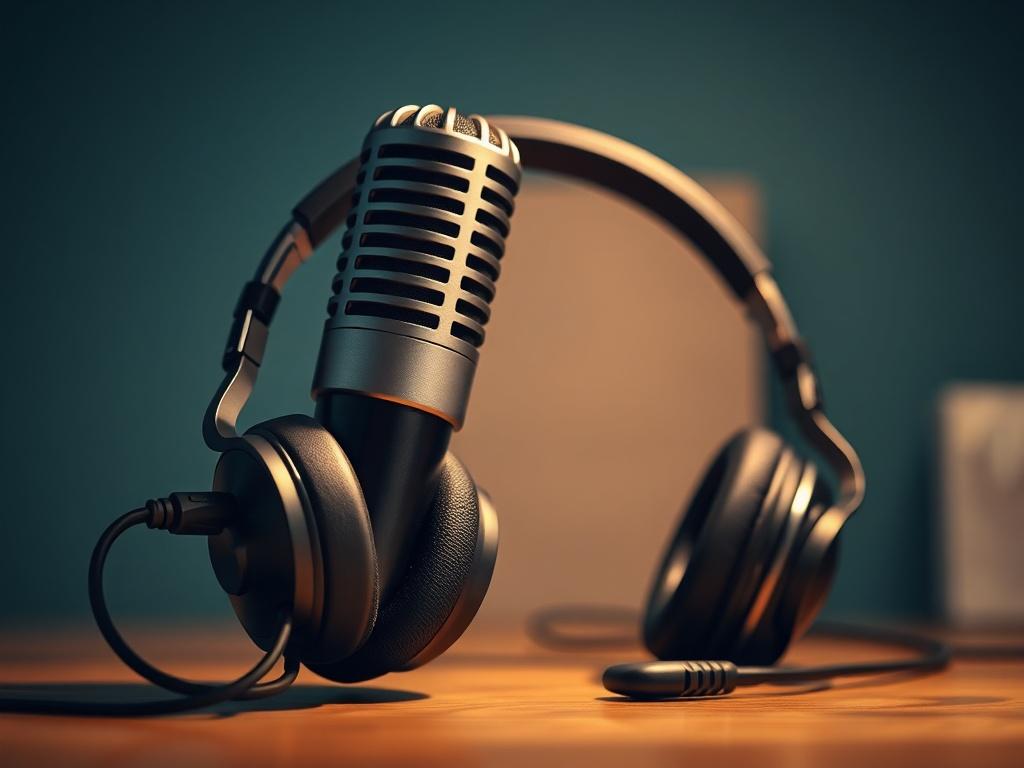 A hyper-realistic close-up shot of a microphone and headphones set against a calm, inviting backdrop. The scene conveys a sense of intimacy and connection, emphasizing the audio experience. The lighting should be soft and warm, creating a welcoming atmosphere for spiritual listening.