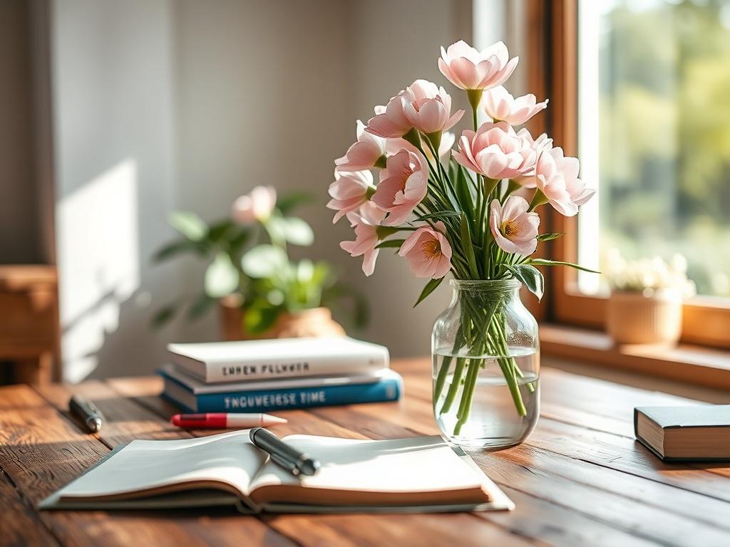 Create a realistic high-resolution photo for a blog titled "Welcoming the New Month: Exciting Updates Ahead." The composition should be simple and clear, featuring a single subject—a rustic wooden desk with a beautiful blooming flower vase in soft pastels, symbolizing new beginnings and freshness. The desk should be adorned with a variety of inviting stationery, such as an opened journal and a pen, suggesting planning and excitement for the upcoming month. 

In the background, include a softly blurred windo