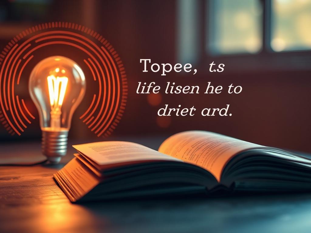 A visually striking, high-resolution image depicting an inspirational message compilation. The image should include elements like a glowing light bulb, soundwaves radiating outward, and an open book with pages turning, symbolizing wisdom and inspiration. The background should convey warmth and positivity, with vibrant colors that evoke a sense of hope.