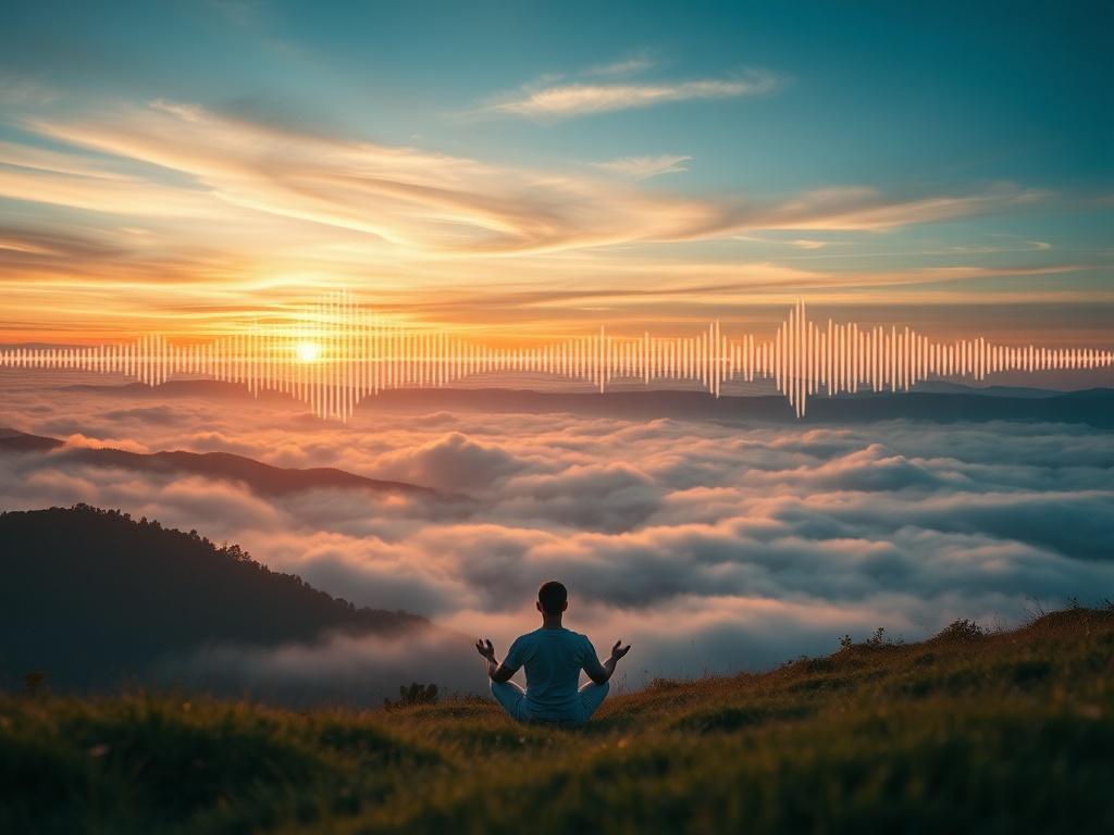 A captivating, high-resolution image representing soundwave meditation experiences. The image should feature gentle soundwaves flowing across a tranquil landscape, possibly with a person meditating in the foreground. Include calming elements like soft clouds, a peaceful sunset, and soothing colors to create a serene atmosphere.