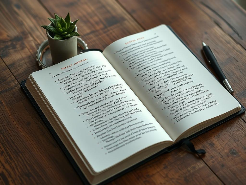 A high-resolution close-up shot of an open faith-based journal, showcasing its beautifully designed pages filled with inspirational quotes and scripture. The journal should be placed on a wooden table, with a soft, natural light illuminating the scene. Surrounding elements could include a pen and a small plant to create a serene writing atmosphere.