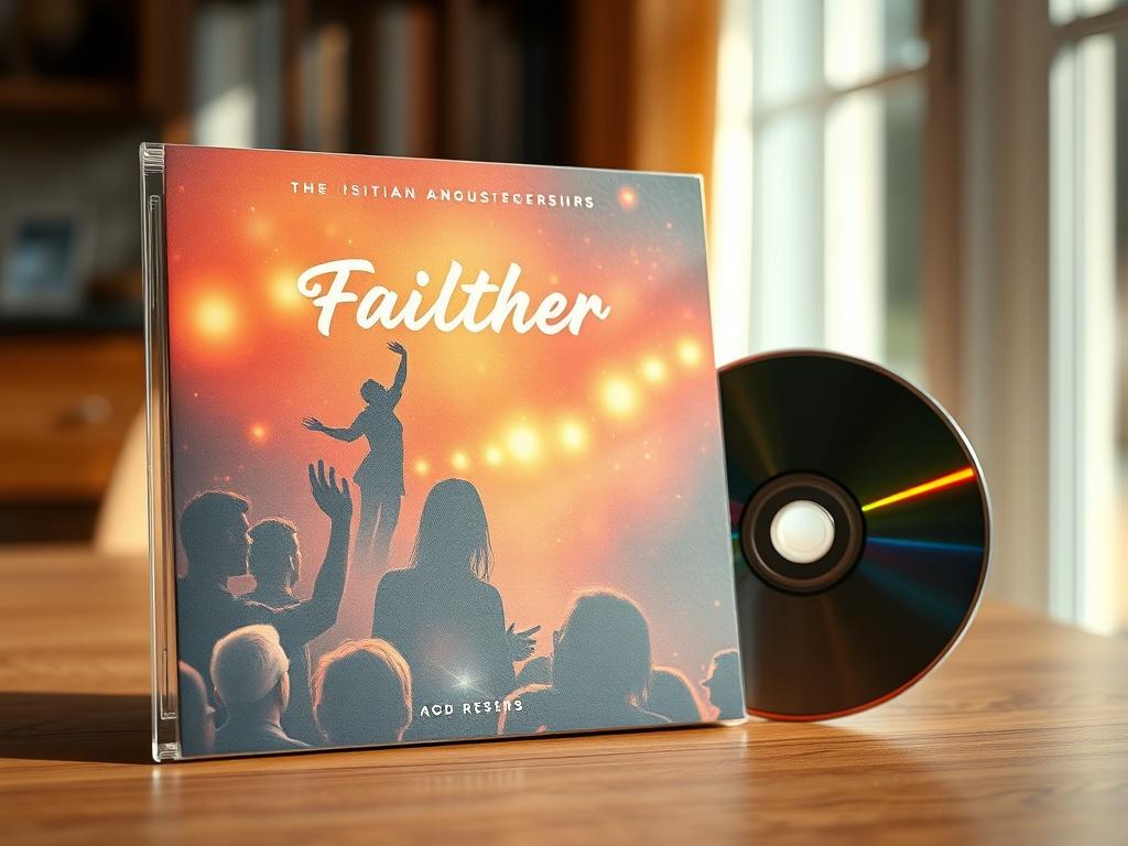 A high-resolution close-up shot of a Christian music album cover, displayed prominently with a CD partially visible beside it. The album cover should be colorful and engaging, depicting themes of faith and worship. The background should be softly blurred to enhance focus on the album, while natural light creates a warm ambiance.