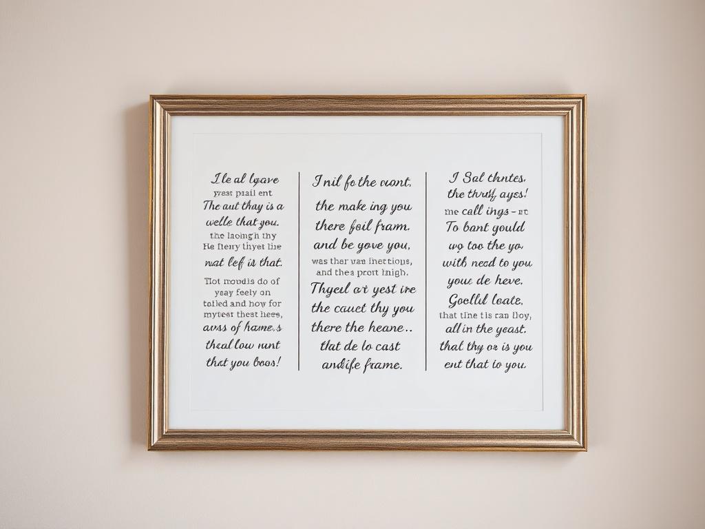 A high-resolution close-up shot of a beautifully framed wall art piece featuring inspirational Bible verses, displayed against a neutral-toned wall. The artwork should be vibrant and eye-catching, with elegant typography. The background should be simple to emphasize the artwork, and the lighting should highlight the textures of the frame.