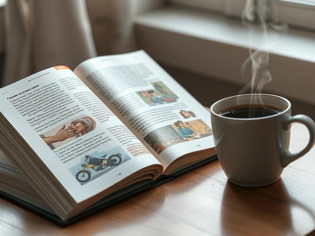 A close-up shot of an open medium ebook displayed on a desk, with a steaming cup of coffee beside it. The ebook's pages are turned, revealing vibrant illustrations and text that engage the reader. The background includes soft natural lighting, creating a peaceful reading atmosphere. The image should focus solely on the ebook and coffee cup, emphasizing the cozy, inviting environment for readers.
