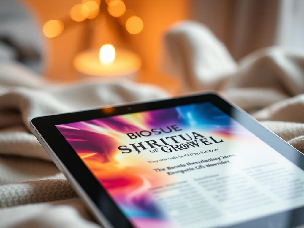 A close-up shot of a beautifully designed ebook cover displayed on a tablet, set against a soft, inviting background with warm lighting. The ebook cover features vibrant colors and an inspirational title, showcasing the theme of spiritual growth. The tablet's screen should be clearly visible, focusing solely on the ebook's design without any distractions in the background. The image captures a cozy reading environment, suggesting comfort and accessibility.