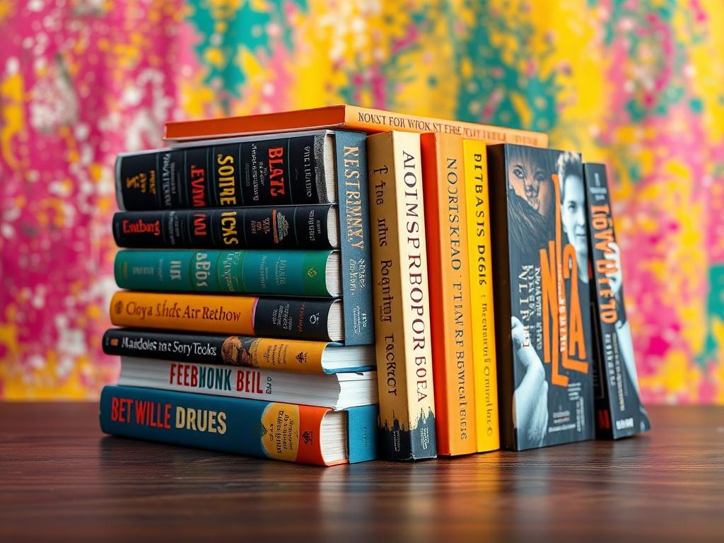 An enticing close-up shot of a book bundle neatly arranged on a table, showcasing both paperback and ebook covers. The bundle features bright colors and intriguing titles, set against a vibrant, textured background that emphasizes the variety and appeal of the selection. The image should focus solely on the books, capturing their quality and inviting potential readers to explore the collection.