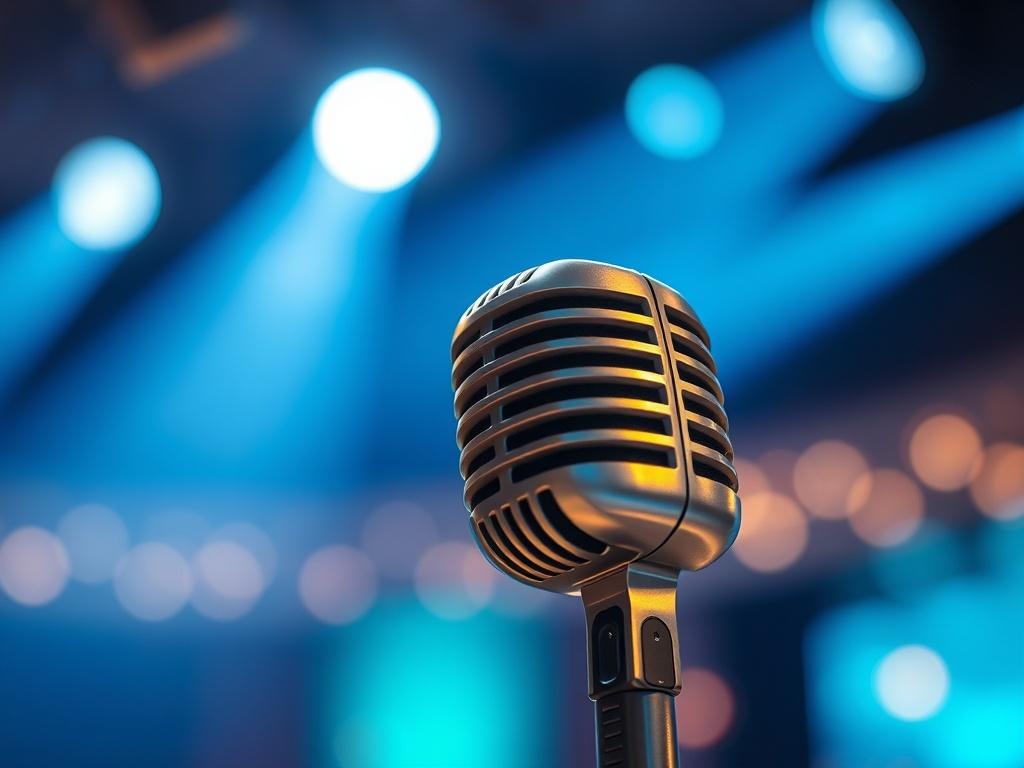 A close-up shot of a microphone on a stage, symbolizing the power of music and voice in worship. The background is blurred to create focus on the microphone, which is elegantly designed and shining under stage lights. Soft hues of blue and gold fill the scene, conveying a sense of reverence and anticipation. This image captures the essence of worship through music, inviting viewers to experience the transformative power of kingdom voices. The composition is simple yet impactful, drawing attention to the mic