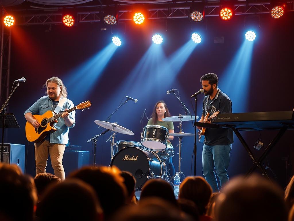 A dynamic image of a worship team performing passionately on stage. The team consists of individuals from various backgrounds, showcasing diversity. Each member plays a different instrument, including a guitar, drums, and keyboards. Bright stage lights illuminate the performers, creating a lively and engaging atmosphere. The audience is visible in the foreground, captivated by the music and worship experience. This image embodies the spirit of unity and collaboration in worship, highlighting the essential r