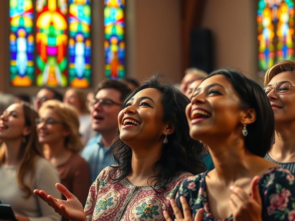 A vibrant scene depicting a diverse group of people worshiping together in a church setting. The focus is on the emotional expressions of the worshipers, showcasing joy and devotion. The background features colorful stained glass windows that beautifully illuminate the scene with warm light, enhancing the atmosphere of worship. A worship band is visible, playing instruments like a guitar, keyboard, and drums, creating an inviting and uplifting environment. The overall composition is uplifting and vibrant, e