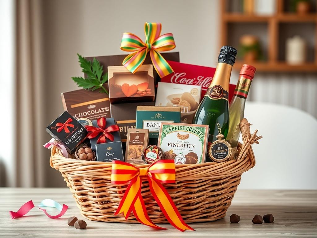 A close-up shot of a beautifully arranged birthday gift basket, filled with assorted gourmet chocolates, savory snacks, and sparkling beverages. The basket is adorned with a colorful ribbon, set against a soft, blurred background that highlights its vibrant colors.