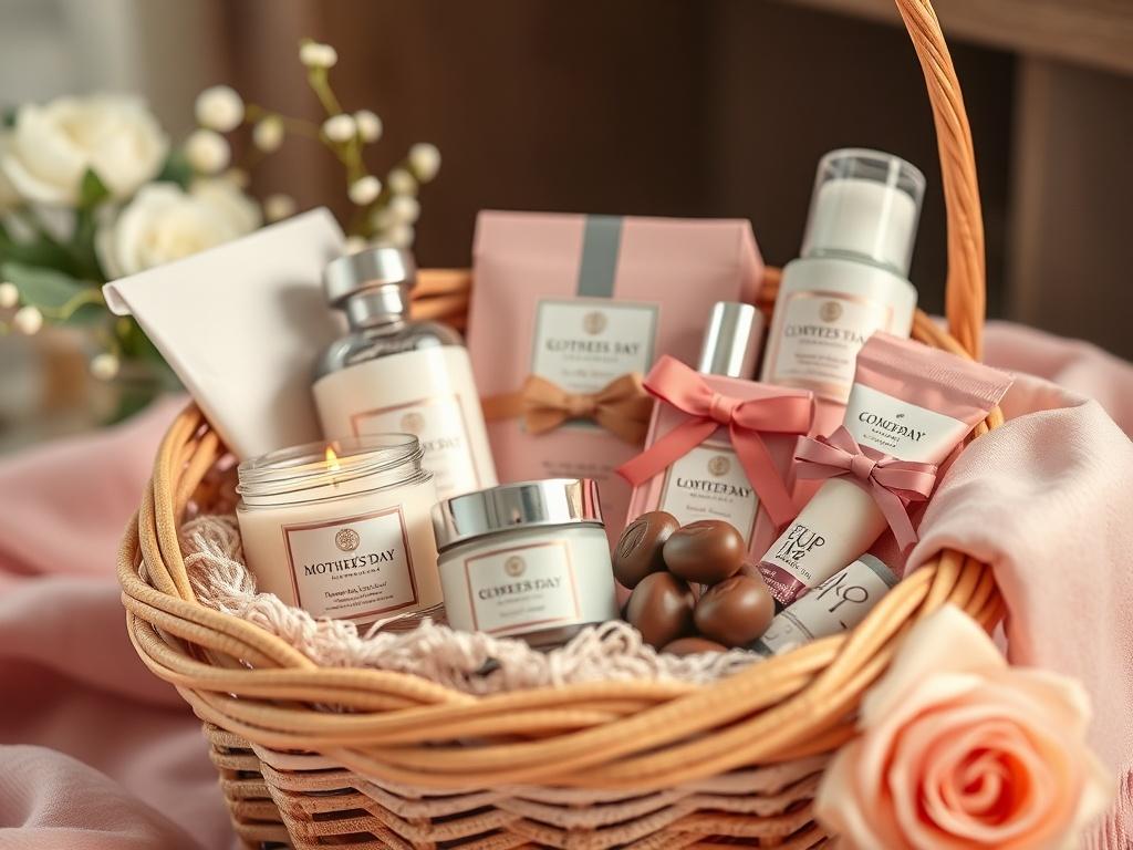 A close-up shot of an elegant Mother's Day gift basket, filled with scented candles, gourmet chocolates, and skincare products. The basket is arranged in a soft, pastel-colored setting that evokes warmth and love.