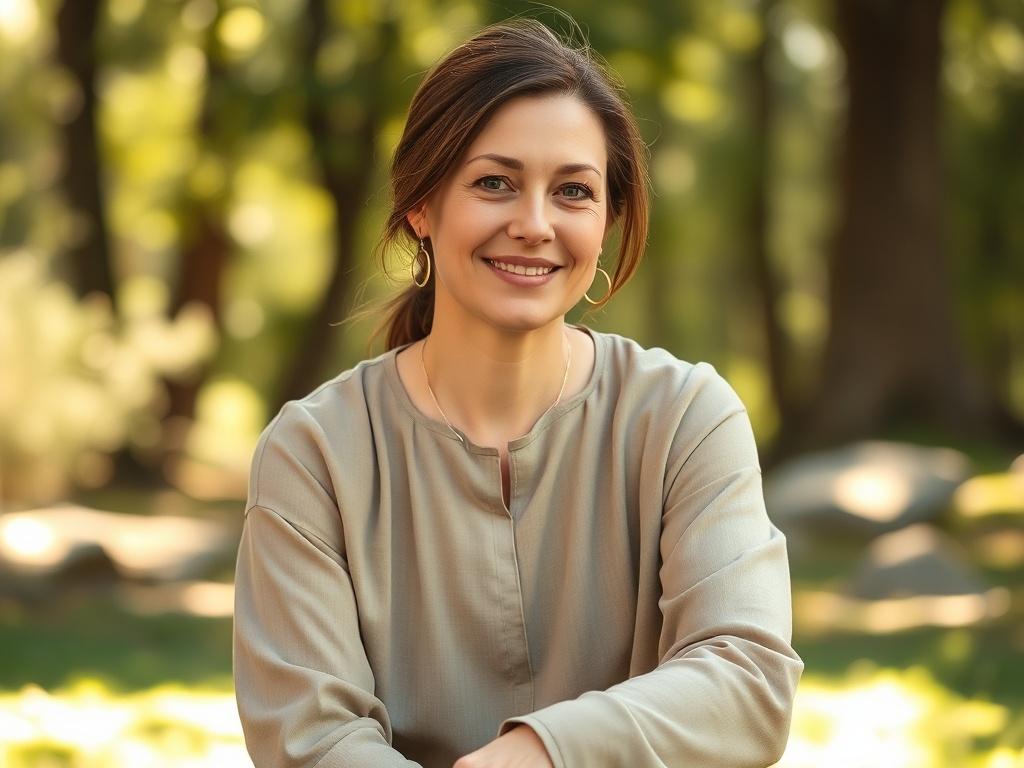 Create a realistic high-resolution photo of a female pastor, Pastor Katie, seated in a serene, natural setting that conveys tranquility and strength. The composition should focus solely on her, capturing a close-up shot that highlights her warm expression and confident demeanor. She should be dressed in simple, elegant clothing that reflects her role as a spiritual leader. 

In the background, include soft-focus elements of a sunlit forest or a peaceful garden, enhancing the feeling of connection with natur