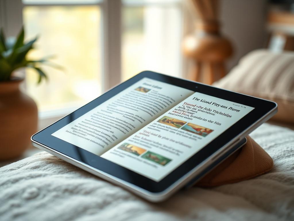 A hyper-realistic close-up shot of an open ebook on a digital tablet, displaying vibrant text and rich illustrations. The background features a softly blurred, peaceful setting, perhaps a cozy reading nook with natural light filtering through a window, emphasizing a serene and inviting atmosphere. The focus is on the tablet, showcasing the eBook's cover design and the engaging content within.