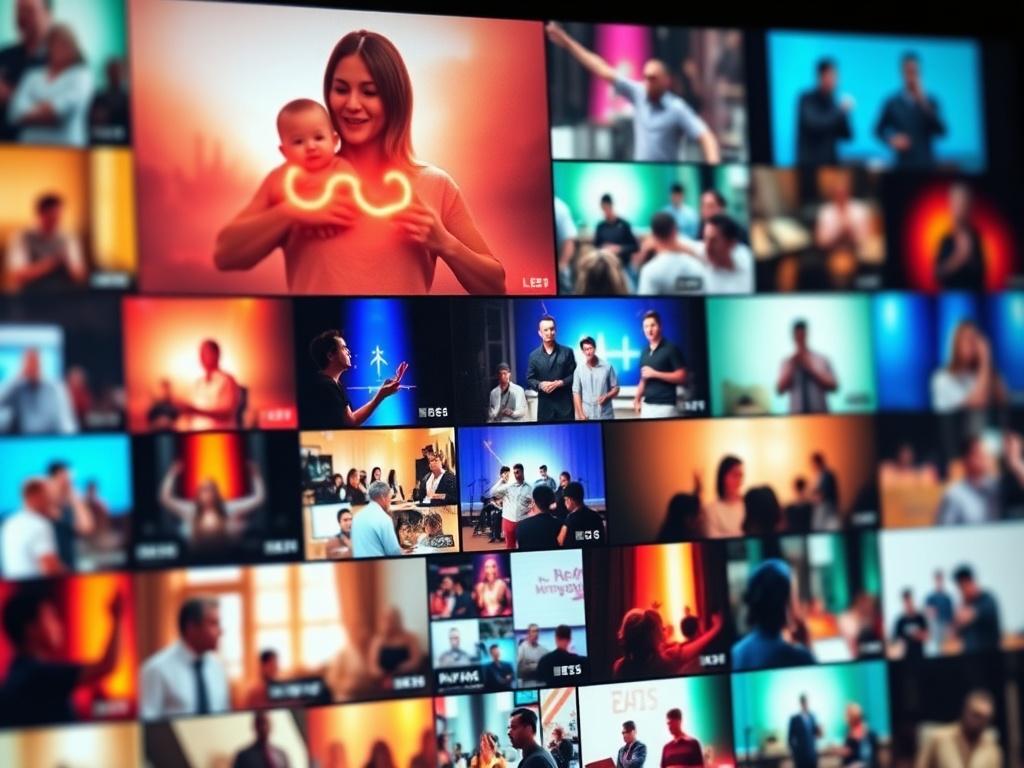 A dynamic and engaging social media feed showcasing vibrant thumbnails of ministry videos. The background features a creative collage of video clips and images from various ministry events, reflecting community involvement and spiritual growth. The composition should be lively, highlighting the interaction and engagement of viewers. It should evoke a sense of excitement and connection among the audience. Shot in hyper-realistic detail, focusing on the colorful elements and the energy of the ministry.