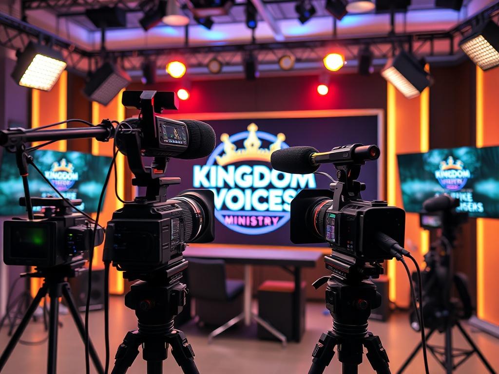 A professional live broadcasting setup featuring a modern studio with high-end cameras, microphones, and lighting. The backdrop showcases the Kingdom Voices Ministry logo. The scene is vibrant and well-lit, capturing the essence of live ministry broadcasts. The image should convey a sense of connection and outreach, with an inviting atmosphere that represents community engagement. Shot in hyper-realistic detail with a focus on the equipment and the logo.