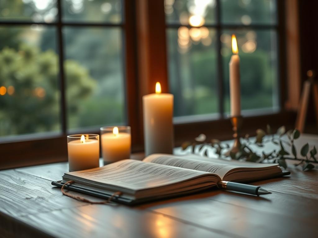 A serene and comforting prayer space featuring soft lighting, a wooden table adorned with candles, and a beautiful backdrop of nature. The scene should include a prayer journal and a pen, symbolizing the act of prayer and reflection. It should evoke feelings of peace and tranquility, inviting individuals to share their prayer requests. The composition should be simple yet impactful, focusing on the elements that inspire prayer. Captured in hyper-realistic detail, emphasizing the calm ambiance.