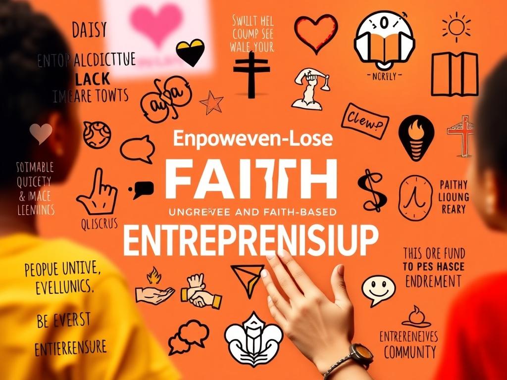 A vibrant, high-resolution banner image representing empowerment and faith-based entrepreneurship. The composition includes motivational symbols and uplifting quotes, surrounded by warm colors and inviting imagery. The background should convey a sense of community and hope, focused on one central theme of entrepreneurship, designed to inspire and uplift viewers.