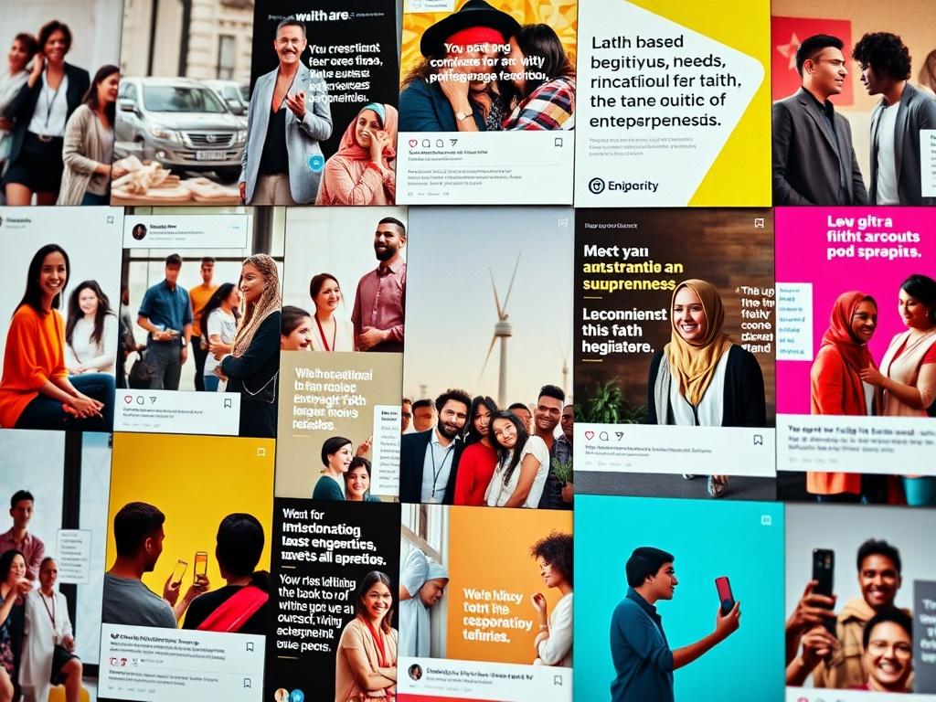 A vibrant collage of social media posts showcasing faith-based entrepreneurship. The images should reflect success stories, motivational quotes, and engaging visuals that resonate with the target audience. The composition should be lively and colorful, emphasizing community engagement and empowerment.