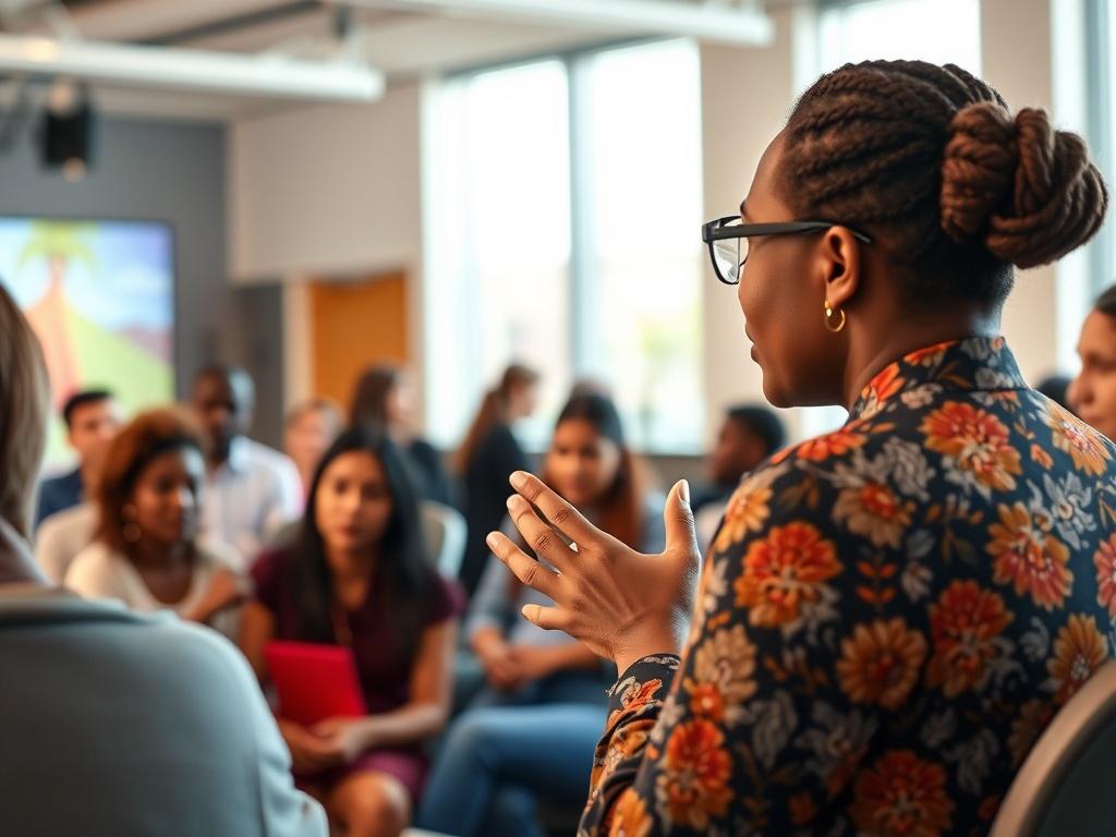 An engaging scene of a webinar in progress, featuring a speaker inspiring an audience. The setting should reflect a professional yet warm atmosphere, with visuals that convey empowerment and community engagement. Colors should be inviting and resonate with themes of faith and entrepreneurship.