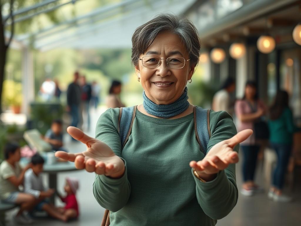 Create a realistic high-resolution photo focusing on a single subject embodying generosity and community support. The subject should be a warm-hearted individual, perhaps a middle-aged woman in casual, inviting clothing, holding out her hands with open palms as if inviting others to join her mission. Her facial expression should radiate kindness and sincerity, reflecting the spirit of hope and love. 

In the background, depict a soft-focus scene of a bustling community center or a peaceful outdoor park sett