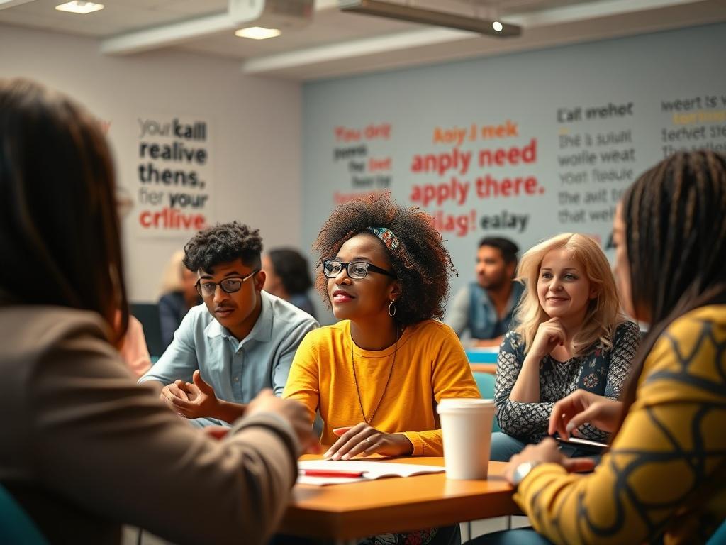 A vibrant image capturing a group workshop in action, with participants engaged in discussions and activities. The setting is bright and inviting, with people sharing their thoughts and experiences. The background features motivational quotes on the walls, and the atmosphere is filled with energy and positivity. The focus is on inclusivity and collaboration, showcasing the spirit of empowerment.