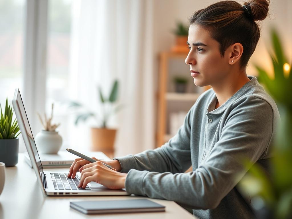 A visually appealing image of a person engaging in an online course, seated at a desk with a laptop open. The background shows a peaceful home environment with plants and soft lighting. The individual is focused and taking notes, depicting a sense of dedication to personal growth. The image emphasizes the accessibility and comfort of online learning.