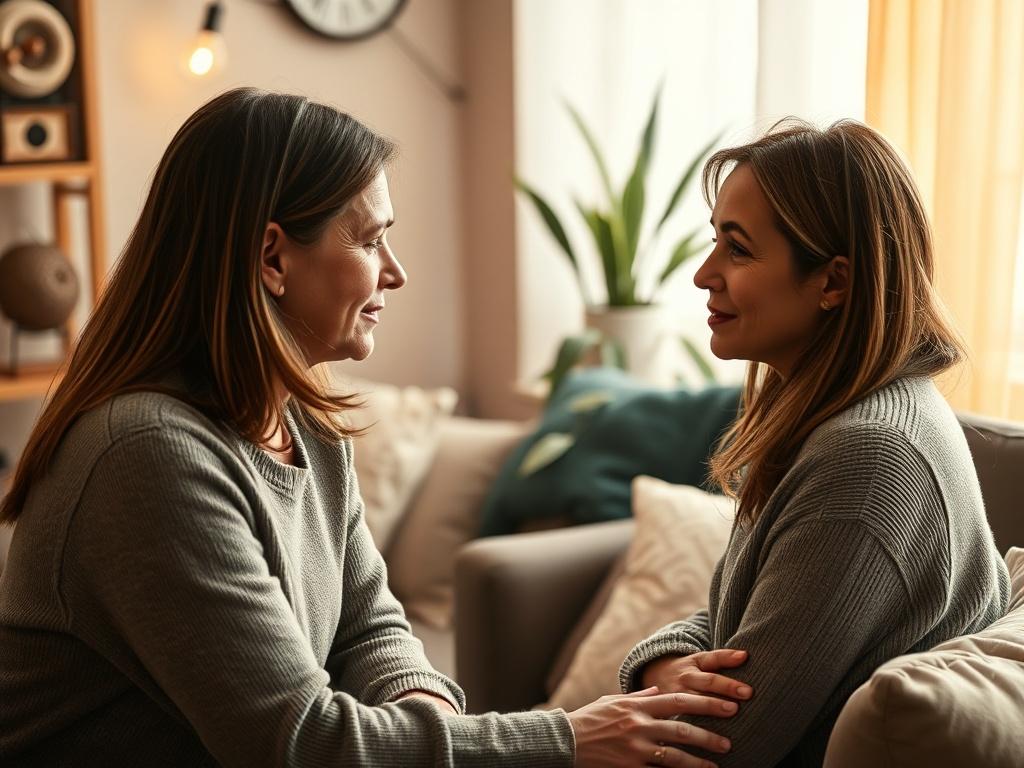 A close-up shot of a serene counseling session in a cozy, well-lit room. The image features a counselor and a client engaged in a deep conversation, with warm lighting highlighting their expressions. The background showcases calming decor, such as soft cushions and plants, creating a peaceful atmosphere. The focus is on the connection between the two individuals, emphasizing trust and understanding.