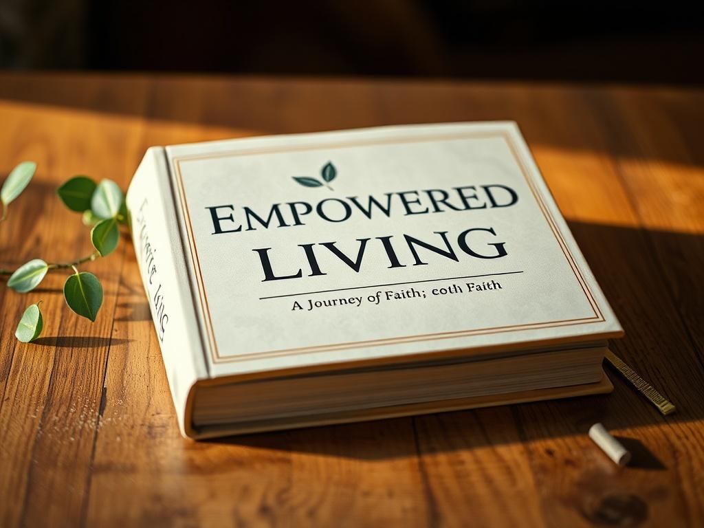 A close-up shot of the book 'Empowered Living: A Journey Through Faith' resting on a wooden table, surrounded by a warm, inviting light. The background is softly blurred to emphasize the book, with a subtle hint of greenery to symbolize growth and spirituality.