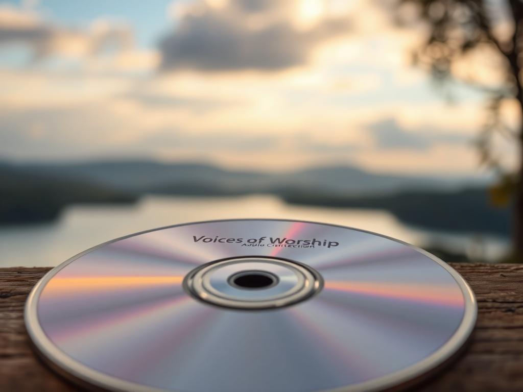 A close-up shot of an audio CD titled 'Voices of Worship: Inspirational Audio Collection,' with a serene backdrop of a peaceful landscape, symbolizing tranquility and spiritual reflection. The image captures the essence of worship and praise.