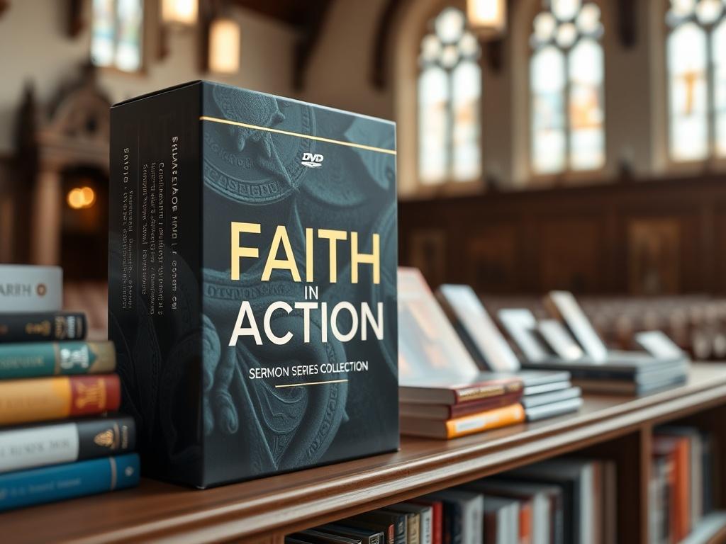 A realistic close-up of a beautifully designed DVD box set titled 'Faith in Action: Sermon Series Collection.' The DVD box is placed on a shelf filled with other spiritual resources, against a backdrop of a softly lit church interior.