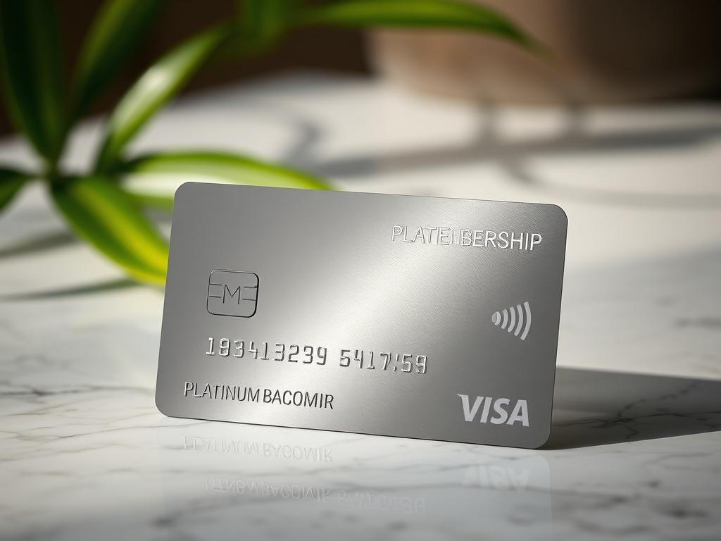 A luxurious membership card presented elegantly on a marble surface, with a soft, ambient light highlighting its features. The card should have a sleek design, symbolizing exclusivity and prestige. The background should be blurred out to keep the focus on the card, with hints of greenery in soft light to complement the primary color rgb(50, 170, 39). The composition should be simple, emphasizing the high-end nature of the Platinum Membership.