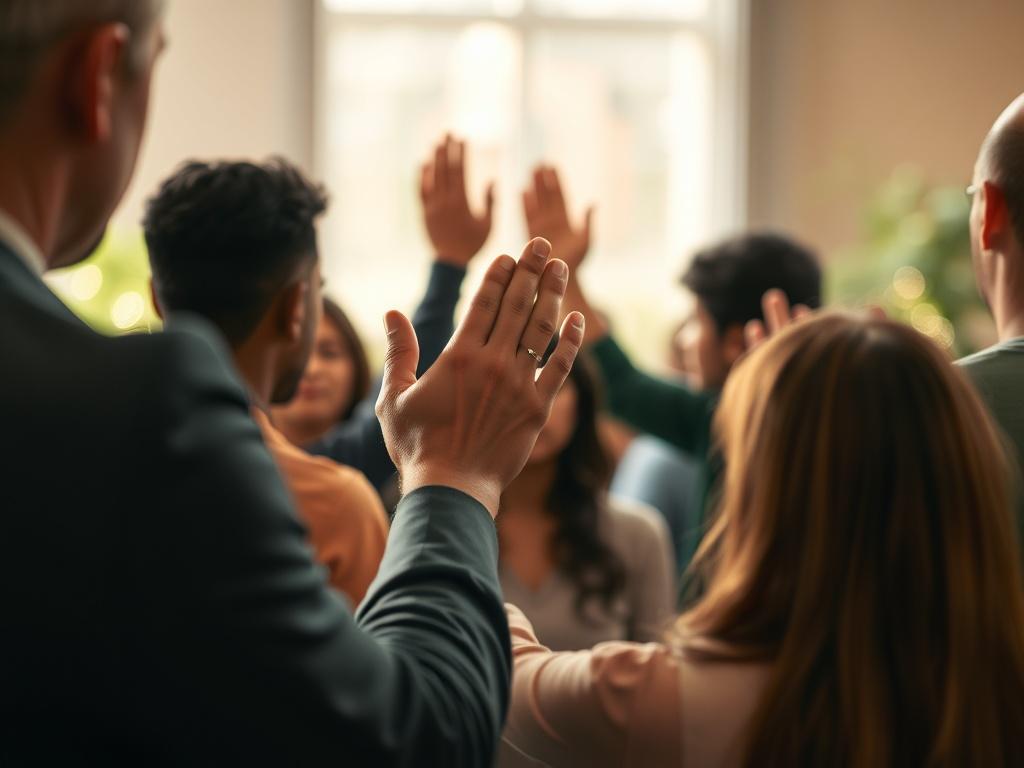 A close-up shot of a diverse group of people engaged in a prayer circle, with hands raised in worship and expressions of faith. The background is softly blurred to emphasize the group's unity and spiritual connection. The scene is warm and inviting, reflecting a sense of community and support. The lighting is soft and natural, capturing the essence of a faith-based gathering, with an emphasis on the colors of green to align with the primary color of rgb(50, 170, 39).