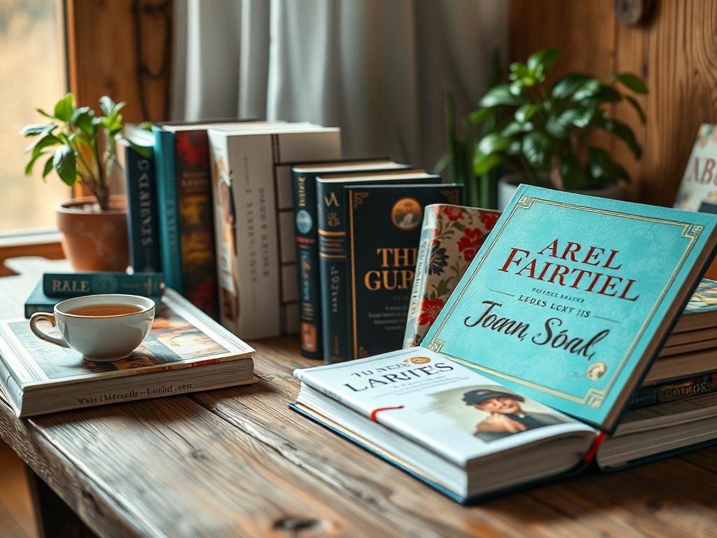 A close-up shot of a beautifully arranged collection of faith-based books and media. The scene captures a cozy reading nook with soft lighting, showcasing various titles on a rustic wooden table. Each book is elegantly designed with vibrant covers, and there are subtle hints of nature in the background, such as a potted plant and a steaming cup of tea, creating an inviting atmosphere that reflects peace and inspiration.