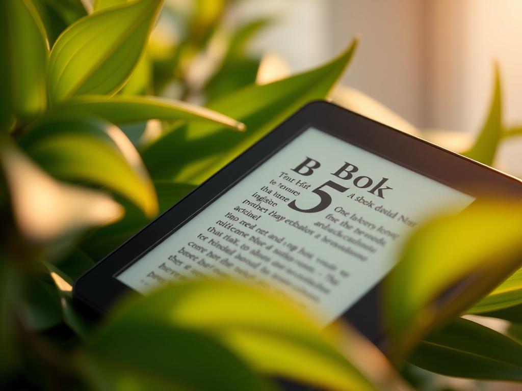 A close-up shot of an open eBook reader displaying the cover of 'Book 5', set against a serene background of soft green leaves, with a warm light illuminating the scene, shot with a 45mm f/1.2 lens to emphasize clarity and detail.