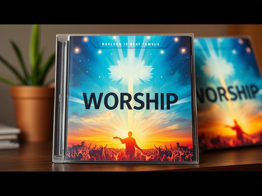 A close-up shot of a beautifully designed music album cover featuring vibrant colors and imagery related to worship, set against a simple, soft-focus background that enhances the album's appeal.