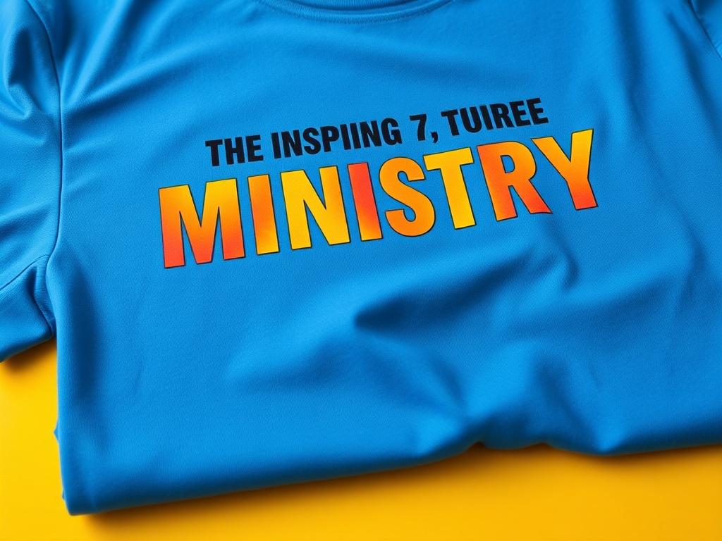 A close-up shot of a vibrant T-shirt displaying an inspiring ministry message, elegantly folded on a bright background, highlighting the fabric and design details.
