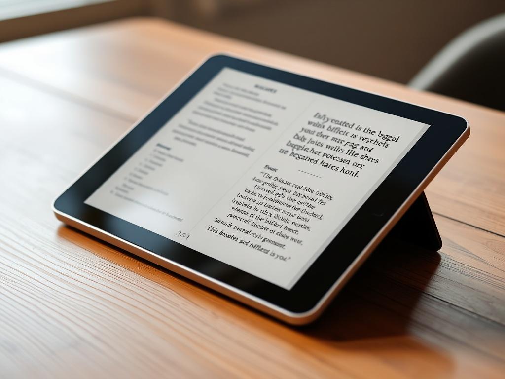 A close-up shot of a sleek digital prayer journal displayed on a tablet, showcasing beautifully designed pages with inspiring quotes, set on a wooden table with soft natural lighting.