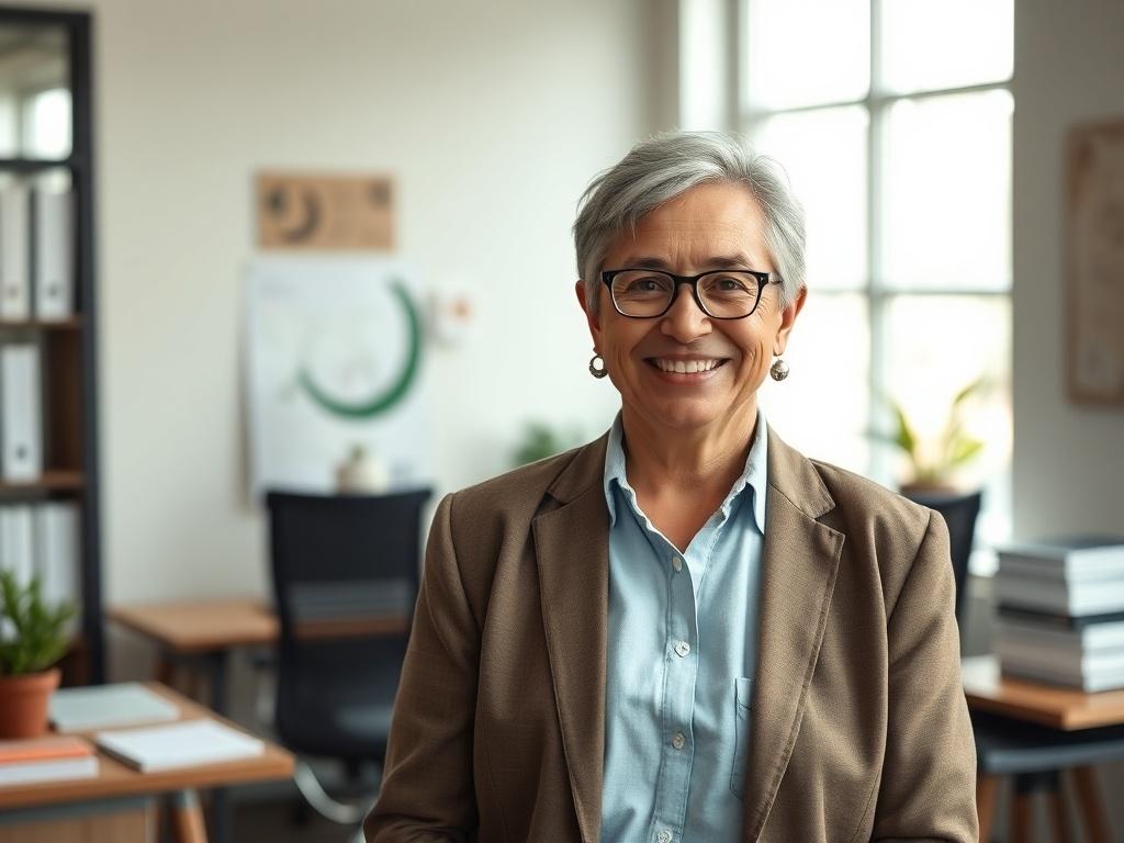 Create a high-resolution, realistic photo that captures the essence of a professional and inviting atmosphere for a blog titled "Join Our Team: Seeking Commission-Based Sales Agents." The image should feature a single subject, a confident and approachable individual, smiling as they stand in an office environment representative of a ministry network.

**Composition Details:**
- The subject should be a middle-aged person of diverse ethnicity to reflect inclusivity, dressed in smart-casual attire that project