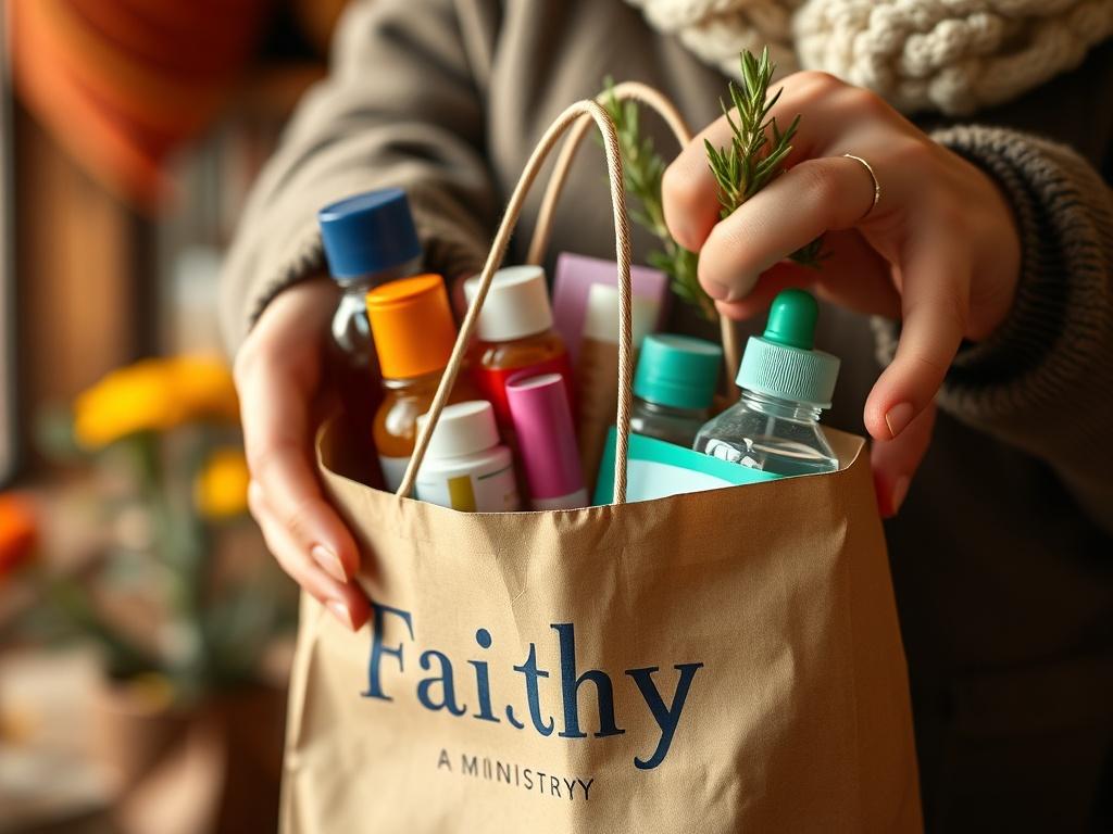 A close-up shot of hands holding a shopping bag filled with faith-based products, symbolizing support for a ministry. The background should be warm and inviting, showcasing a sense of community spirit, shot with a 45mm f/1.2 lens.