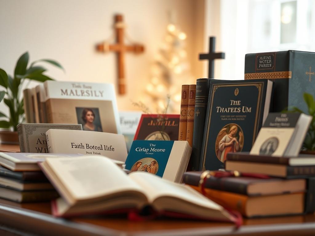A close-up shot of a beautifully arranged selection of faith-based products, including books, music, and other inspirational items. The background should be soft and inviting, conveying a sense of community and spirituality, shot with a 45mm f/1.2 lens.