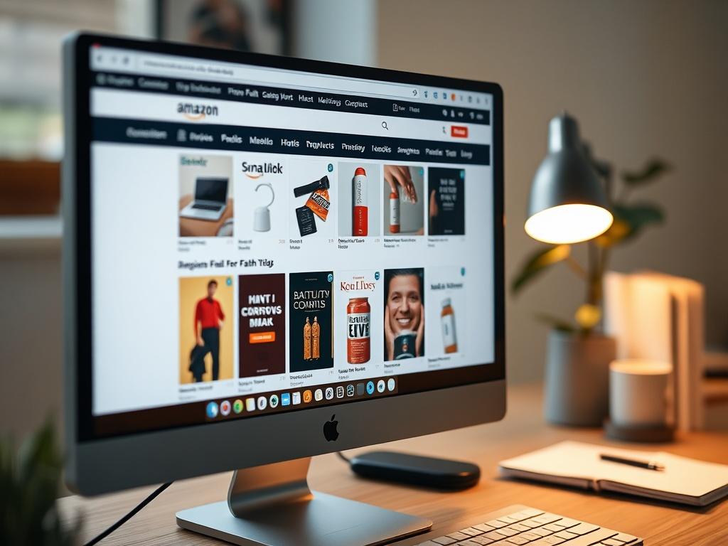 A close-up shot of a computer screen displaying an Amazon Associates page filled with various faith-related products. The background should hint at a serene workspace, promoting a sense of focus and productivity, shot with a 45mm f/1.2 lens.
