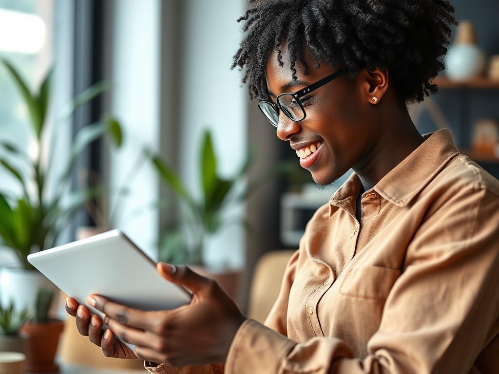 A close-up shot of an African entrepreneur passionately presenting a project proposal on a tablet, with a vibrant workspace in the background. The image captures the essence of innovation and collaboration in the investment landscape. The entrepreneur is smiling and engaged, showcasing determination and creativity. The background contains elements like plants and modern decor, creating an inspiring atmosphere. The primary color theme should incorporate rgb(50, 170, 39) to emphasize growth and sustainability