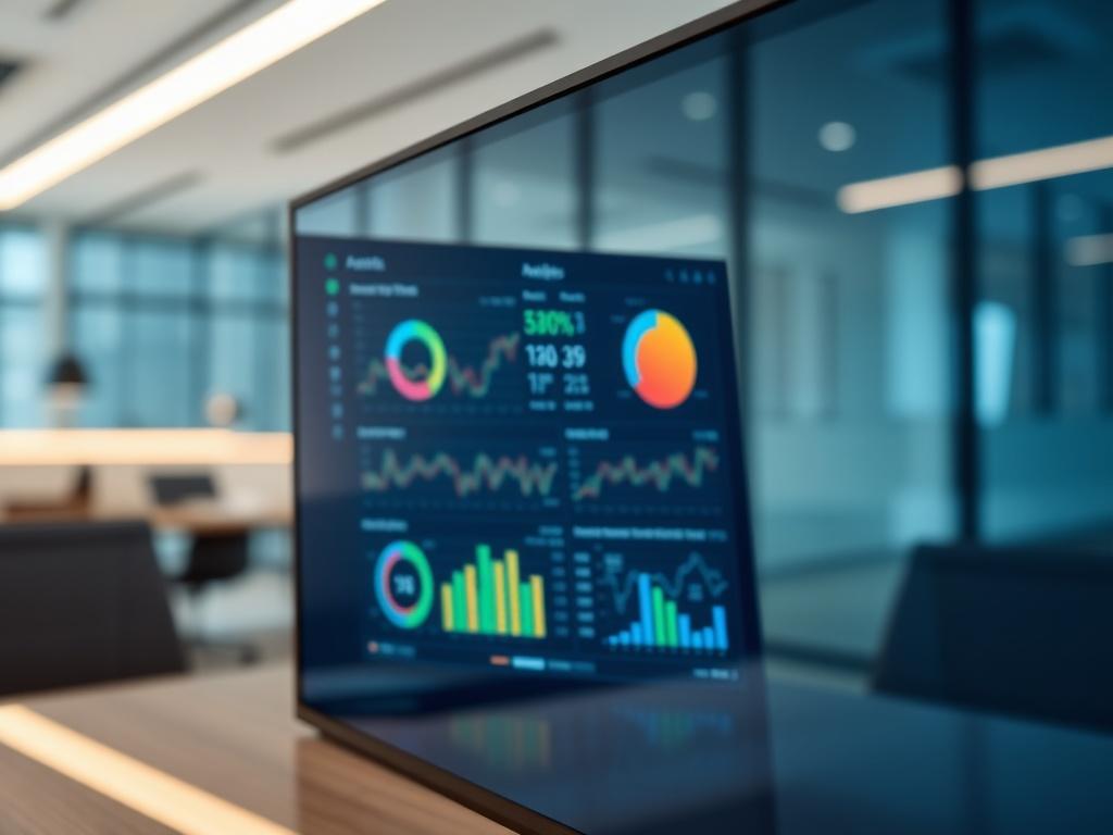 A close-up shot of a digital dashboard displaying investment analytics and performance metrics. The screen should show graphs and charts with vibrant colors, emphasizing advanced technology and investment strategies. The background should be a sleek, modern office setting, reflecting professionalism and innovation. The primary color rgb(50, 170, 39) should be incorporated subtly in the design of the dashboard.