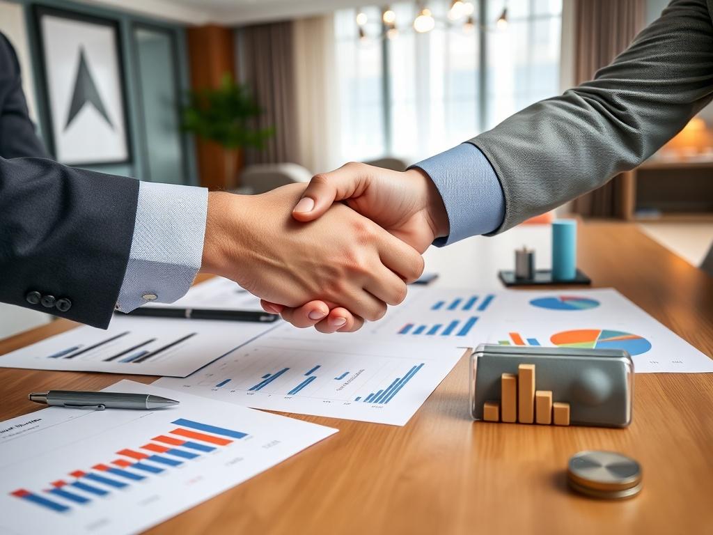 A close-up shot of hands shaking over a table filled with investment documents and charts. The focus should be on the handshake, symbolizing partnership and trust. The background should feature a modern office with an elegant design, showcasing professionalism and collaboration. The rgb(50, 170, 39) primary color should be incorporated into the decor to reflect the values of the investment platform.